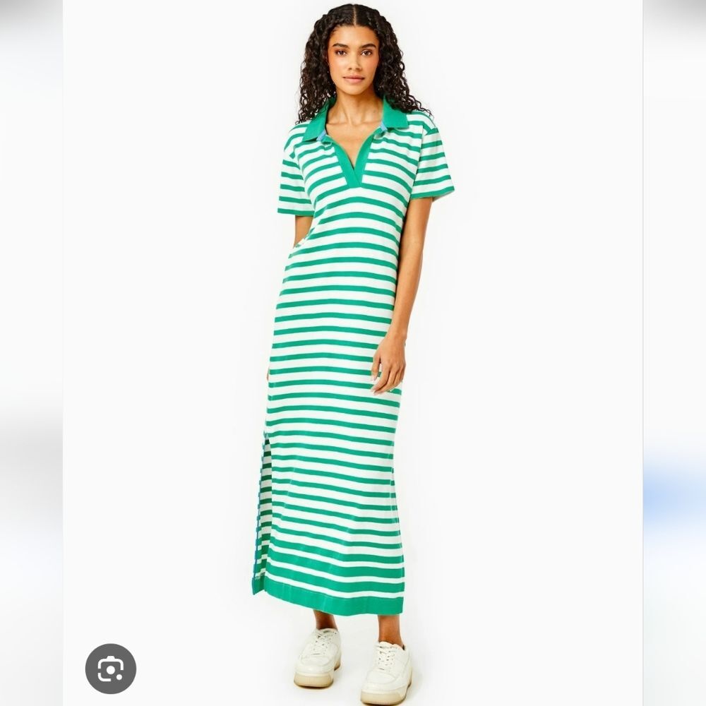 Addison Bay Kiawah Green White Stripe Cotton Maxi Polo Dress Size XXS